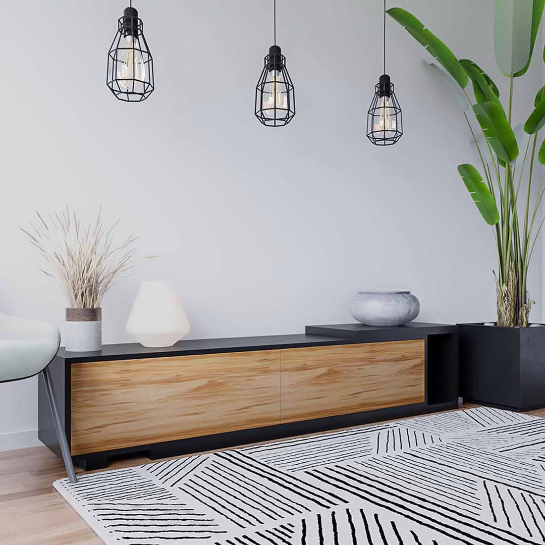 Close-up of the Eloise Black Entertainment Unit with Shelves, featuring a sleek, expandable design with push-to-open compartments and a slide-out shelf, ideal for modern interior organization.