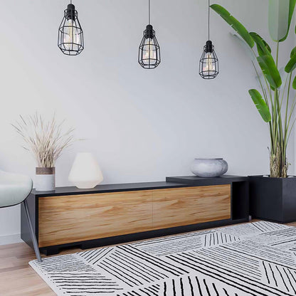 Close-up of the Eloise Black Entertainment Unit with Shelves, featuring a sleek, expandable design with push-to-open compartments and a slide-out shelf, ideal for modern interior organization.