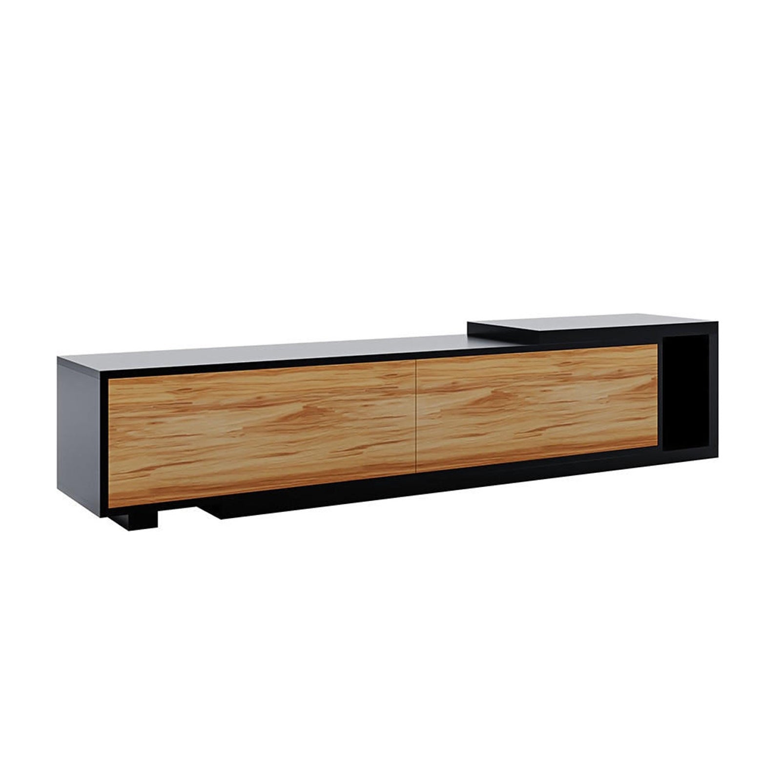 Eloise Black Entertainment Unit with Shelves features sleek design, hardwood accents, push-to-open compartments, and a slide-out shelf, ideal for modern interiors.