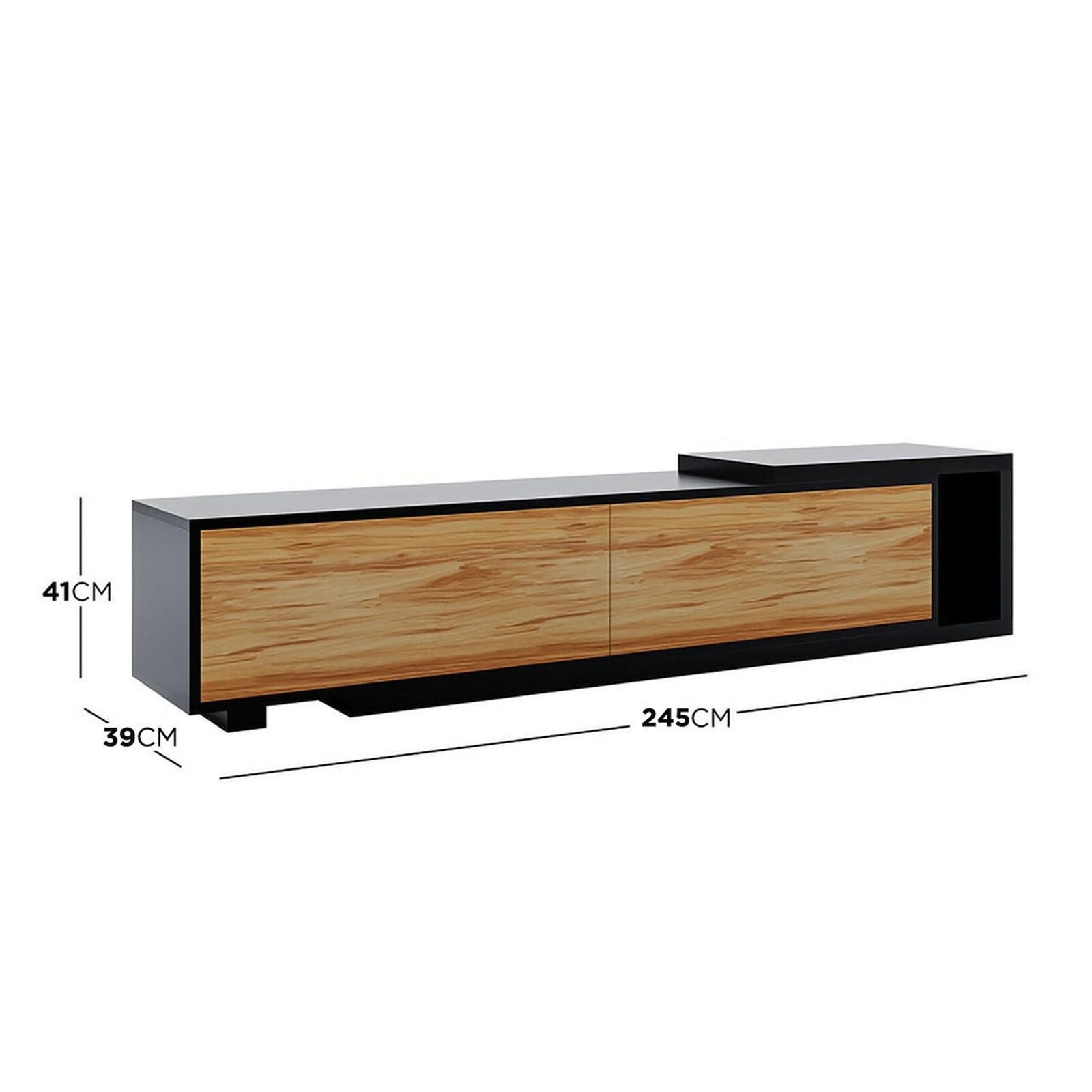 Eloise Black Entertainment Unit with Shelves featuring a sleek, rectangular design, showcasing expandable sections and push-to-open compartments. Ideal for modern spaces, highlighting functional elegance in engineered timber construction.