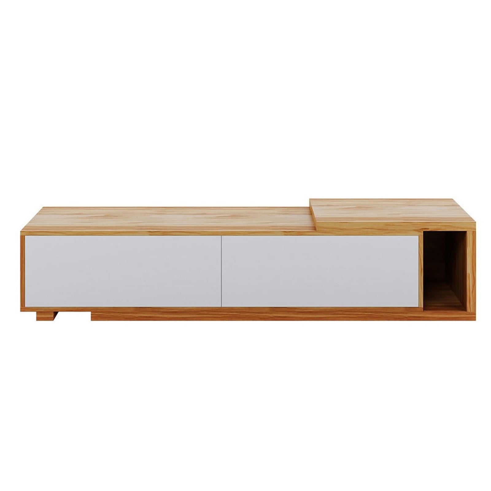 Eloise Entertainment Unit with Shelves - White featuring a sleek design, wooden box doors open, adjustable length, and open shelves for displaying items, perfect for organizing and enhancing living room aesthetics.
