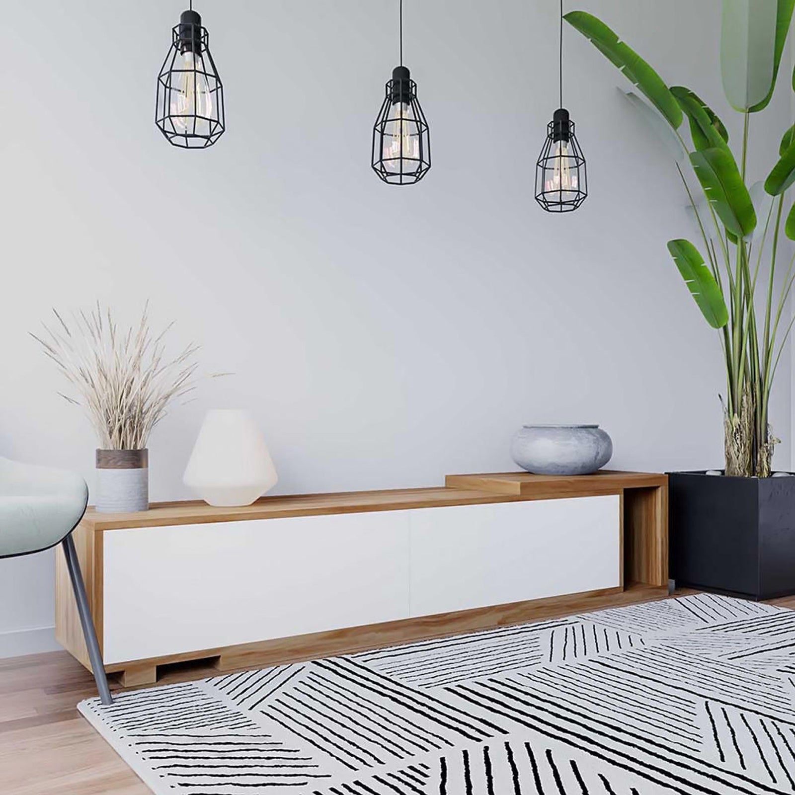 Eloise Entertainment Unit with Shelves - White, featuring open shelves, push-to-open doors, and a sliding shelf, set against a stylish interior with wall-mounted decor and indoor plants.