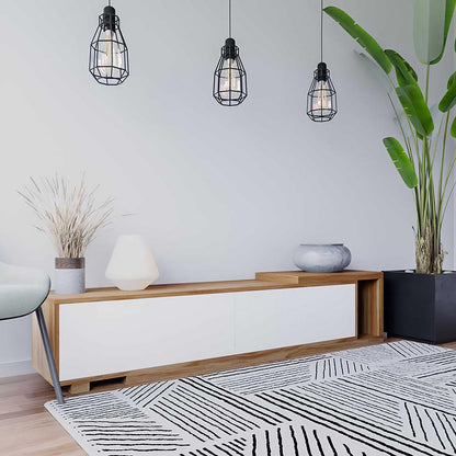 Eloise Entertainment Unit with Shelves - White, featuring open shelves, push-to-open doors, and a sliding shelf, set against a stylish interior with wall-mounted decor and indoor plants.