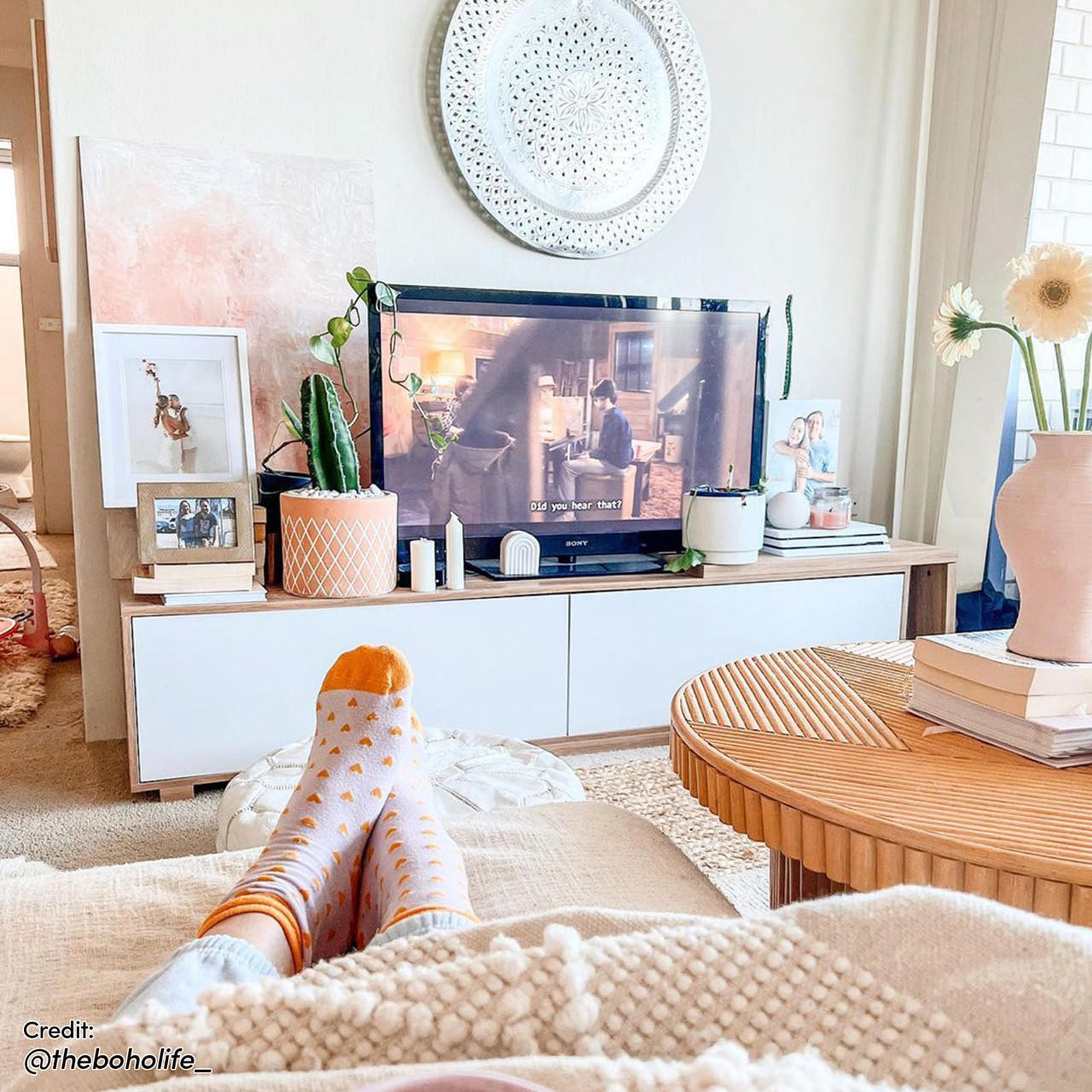 Eloise Entertainment Unit with Shelves - White, featuring adjustable length, push-to-open doors, open shelves, and a sliding shelf, designed for modern living room organization and storage.