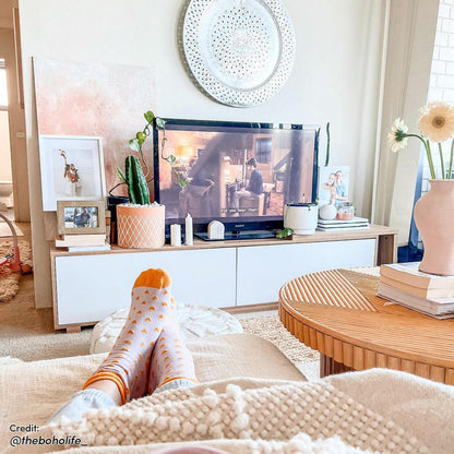 Eloise Entertainment Unit with Shelves - White, featuring adjustable length, push-to-open doors, open shelves, and a sliding shelf, designed for modern living room organization and storage.