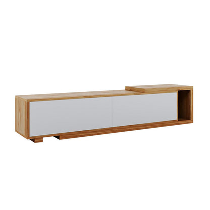 Eloise Entertainment Unit with Shelves - White, featuring a modern design with adjustable length, push-to-open doors, and a slide-out shelf, perfect for organizing living room essentials.