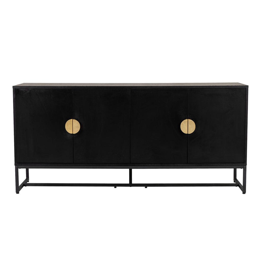 Erick 160cm 4-Door Storage Sideboard Buffet in Black, features a modern design with four push-to-open doors, circular gold-tone pulls, and sturdy T-shaped metal legs.