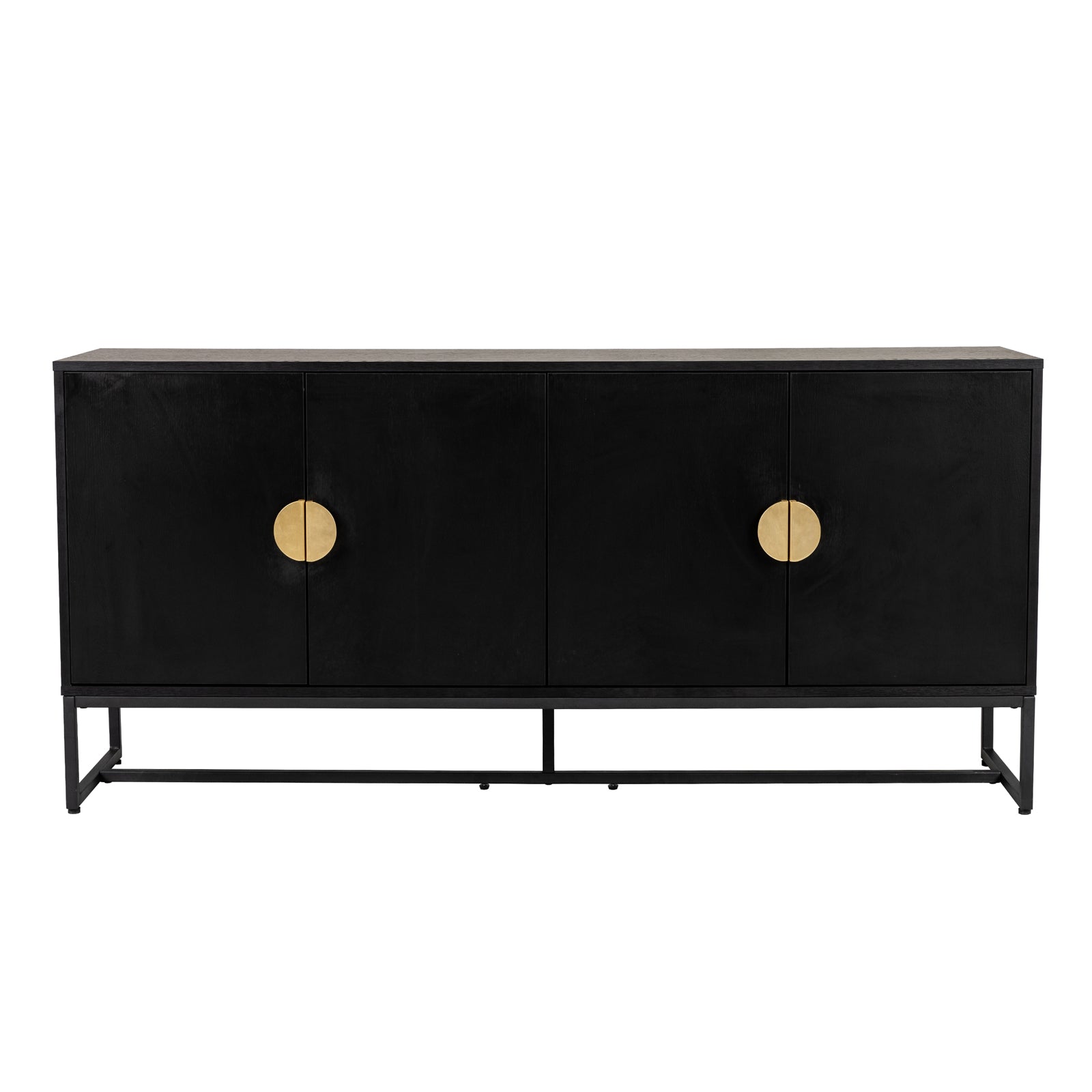 Erick 160cm 4-Door Storage Sideboard Buffet in Black, features a modern design with four push-to-open doors, circular gold-tone pulls, and sturdy T-shaped metal legs.