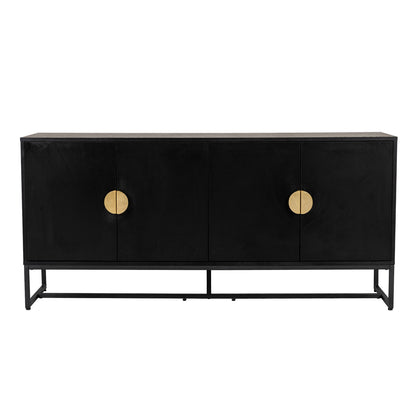 Erick 160cm 4-Door Storage Sideboard Buffet in Black, features a modern design with four push-to-open doors, circular gold-tone pulls, and sturdy T-shaped metal legs.