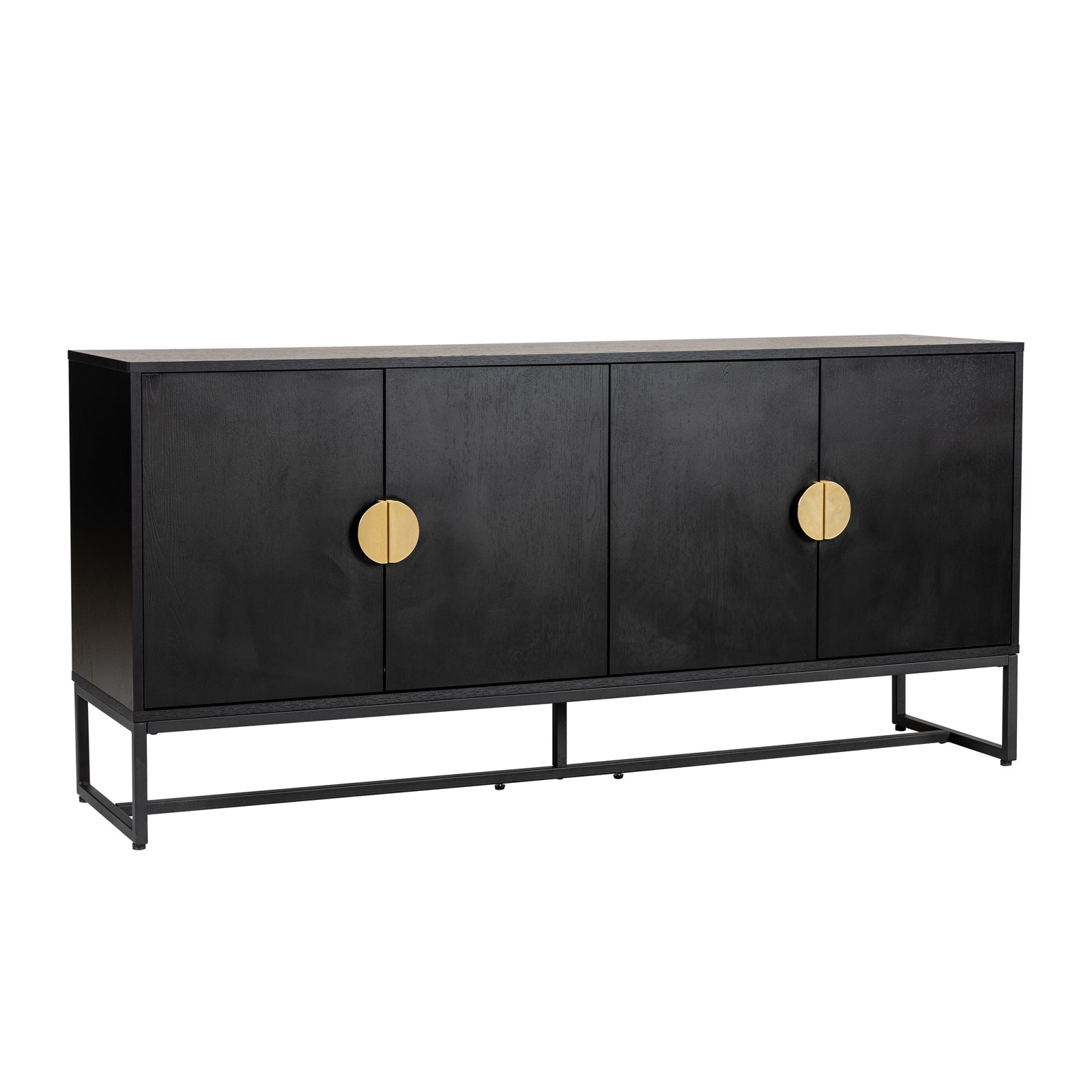 Erick 160cm 4-Door Storage Buffet Sideboard in Black features a sleek rectangular design with black-finished wood, four doors with central brass pulls, and sturdy black metal legs for a modern, minimalist look.