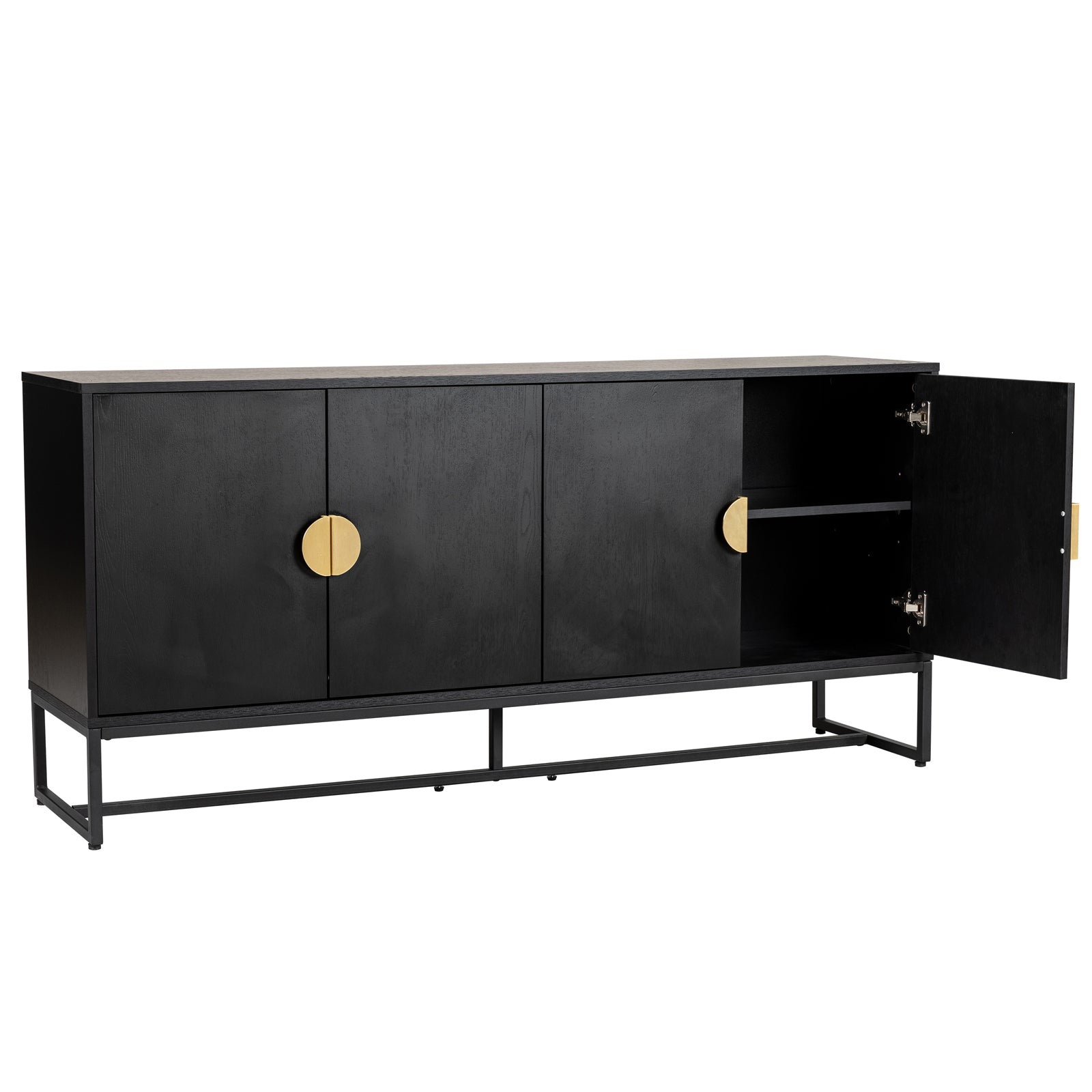 Erick 160cm 4-Door Storage Buffet Sideboard in Black features matte black finish, four doors with brass pulls, open door revealing shelf, and raised on black metal frame.