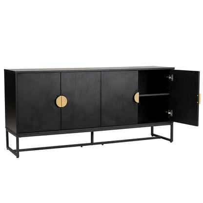Erick 160cm 4-Door Storage Buffet Sideboard in Black features matte black finish, four doors with brass pulls, open door revealing shelf, and raised on black metal frame.