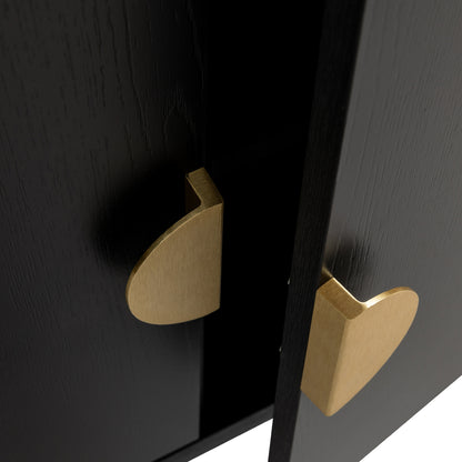 Erick 160cm 4-Door Storage Buffet Sideboard in Black features slightly ajar black wooden doors with teardrop-shaped brass pulls, revealing a dark interior, exuding modern elegance and functionality.