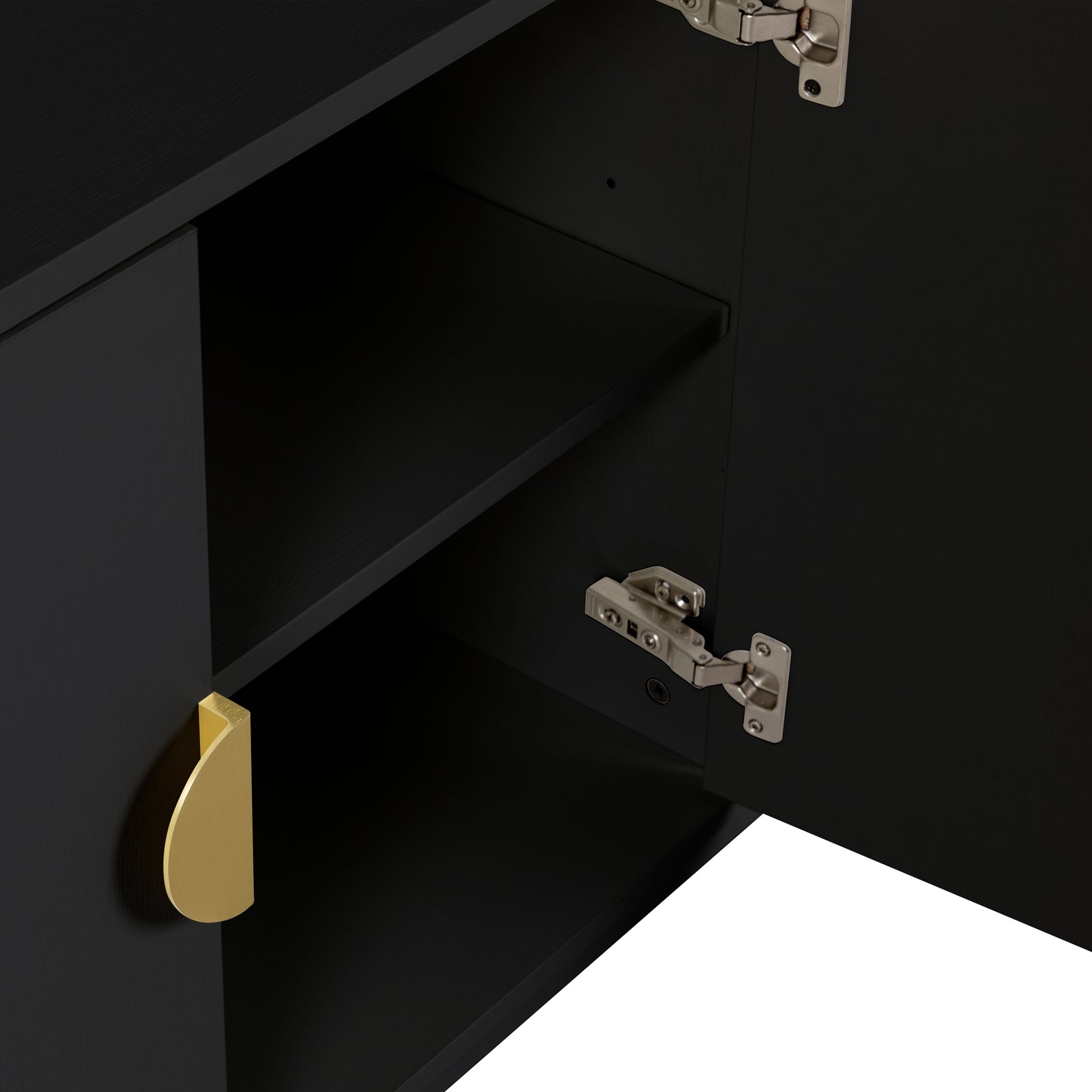 Erick 160cm 4-Door Storage Sideboard Buffet in Black with an open door, revealing an empty shelf and featuring a gold teardrop pull handle and silver-tone hinge.