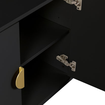 Erick 160cm 4-Door Storage Sideboard Buffet in Black with an open door, revealing an empty shelf and featuring a gold teardrop pull handle and silver-tone hinge.