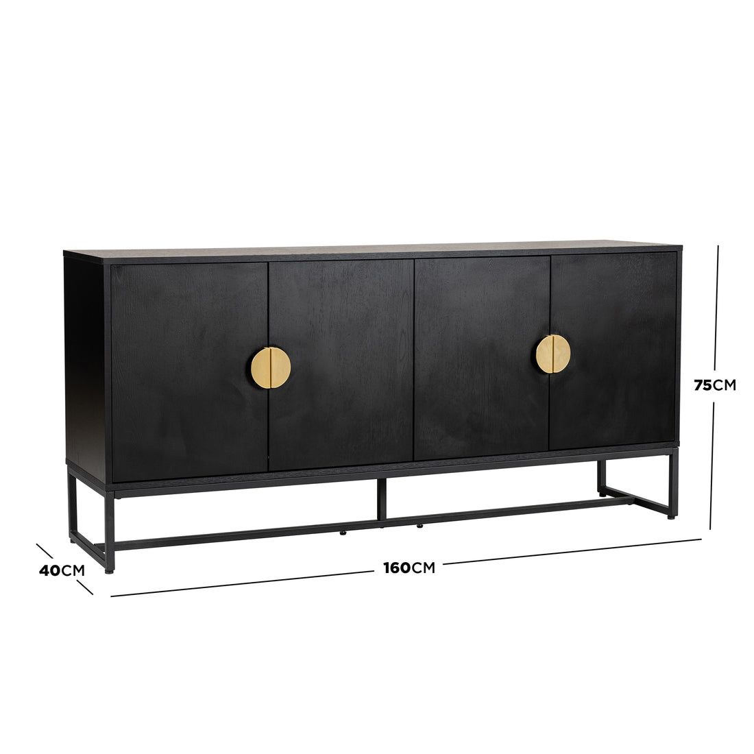 Erick 160cm 4-Door Storage Buffet Sideboard in Black, featuring a sleek design with large brass-finish handles, set on a slim metal base, offering modern style and ample storage.