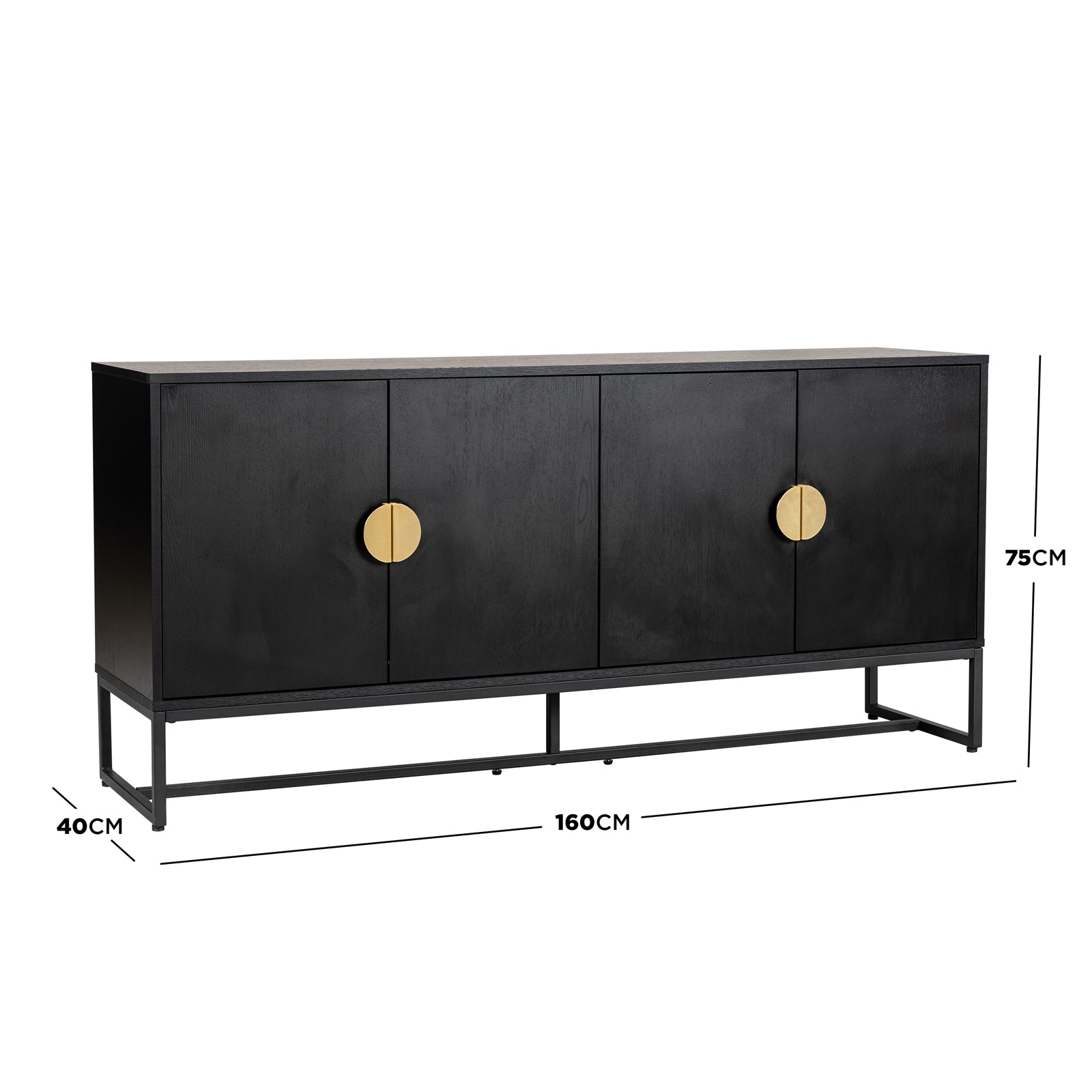 Erick 160cm 4-Door Storage Buffet Sideboard in Black, featuring a sleek design with large brass-finish handles, set on a slim metal base, offering modern style and ample storage.