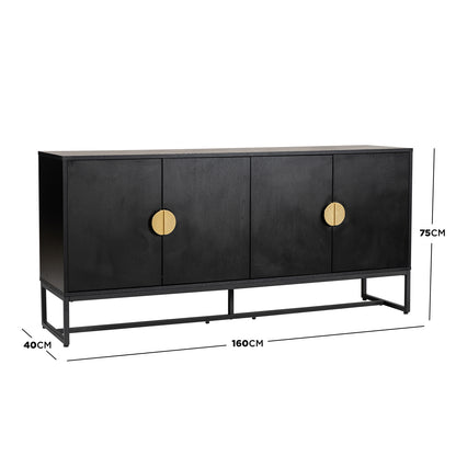 Erick 160cm 4-Door Storage Buffet Sideboard in Black, featuring a sleek design with large brass-finish handles, set on a slim metal base, offering modern style and ample storage.