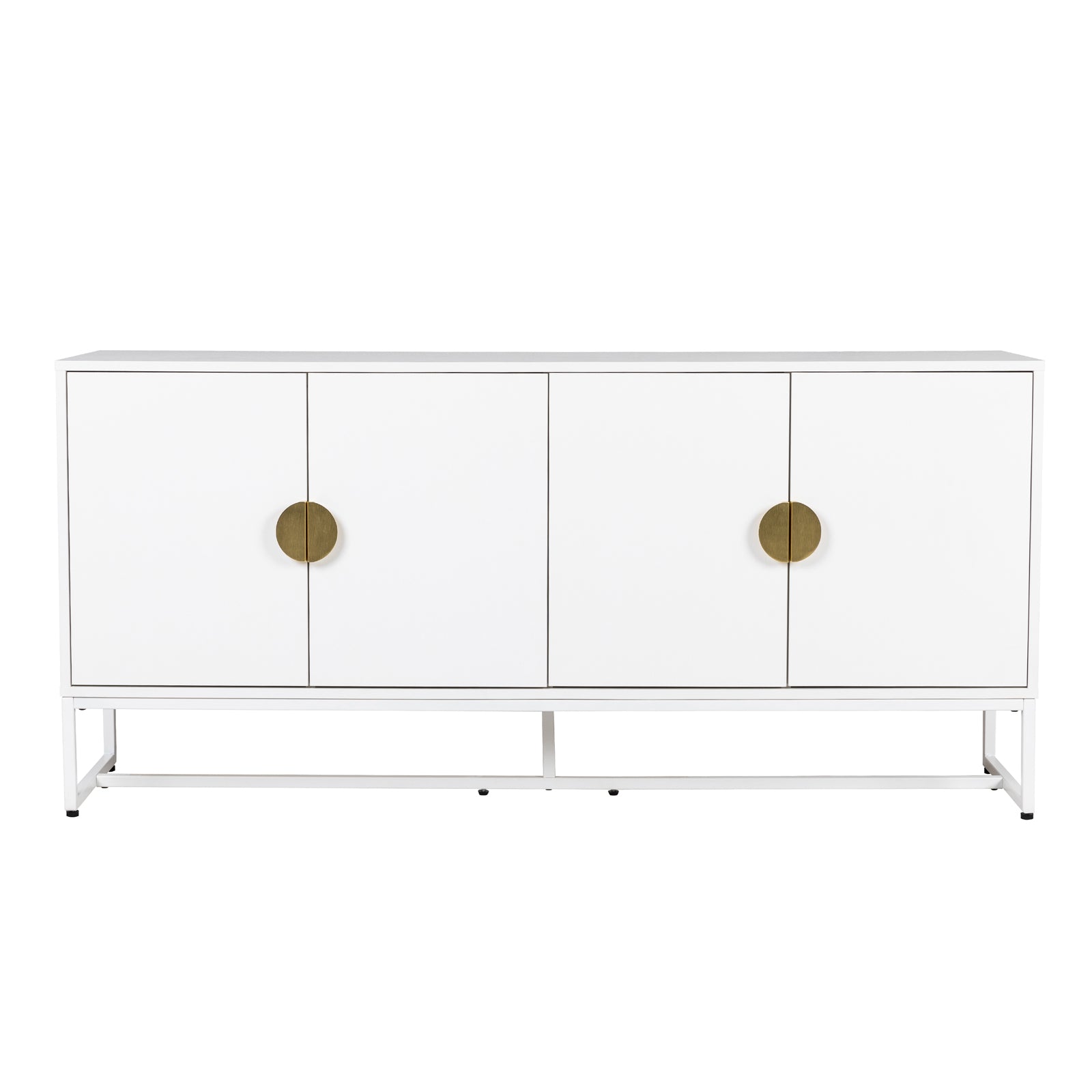 Erick 160cm 4-Door Storage Sideboard Buffet in White features a sleek, minimalist design with a clean finish, four doors with circular brass pulls, and a sturdy metal base for modern interiors.