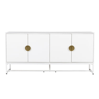 Erick 160cm 4-Door Storage Sideboard Buffet in White features a sleek, minimalist design with a clean finish, four doors with circular brass pulls, and a sturdy metal base for modern interiors.