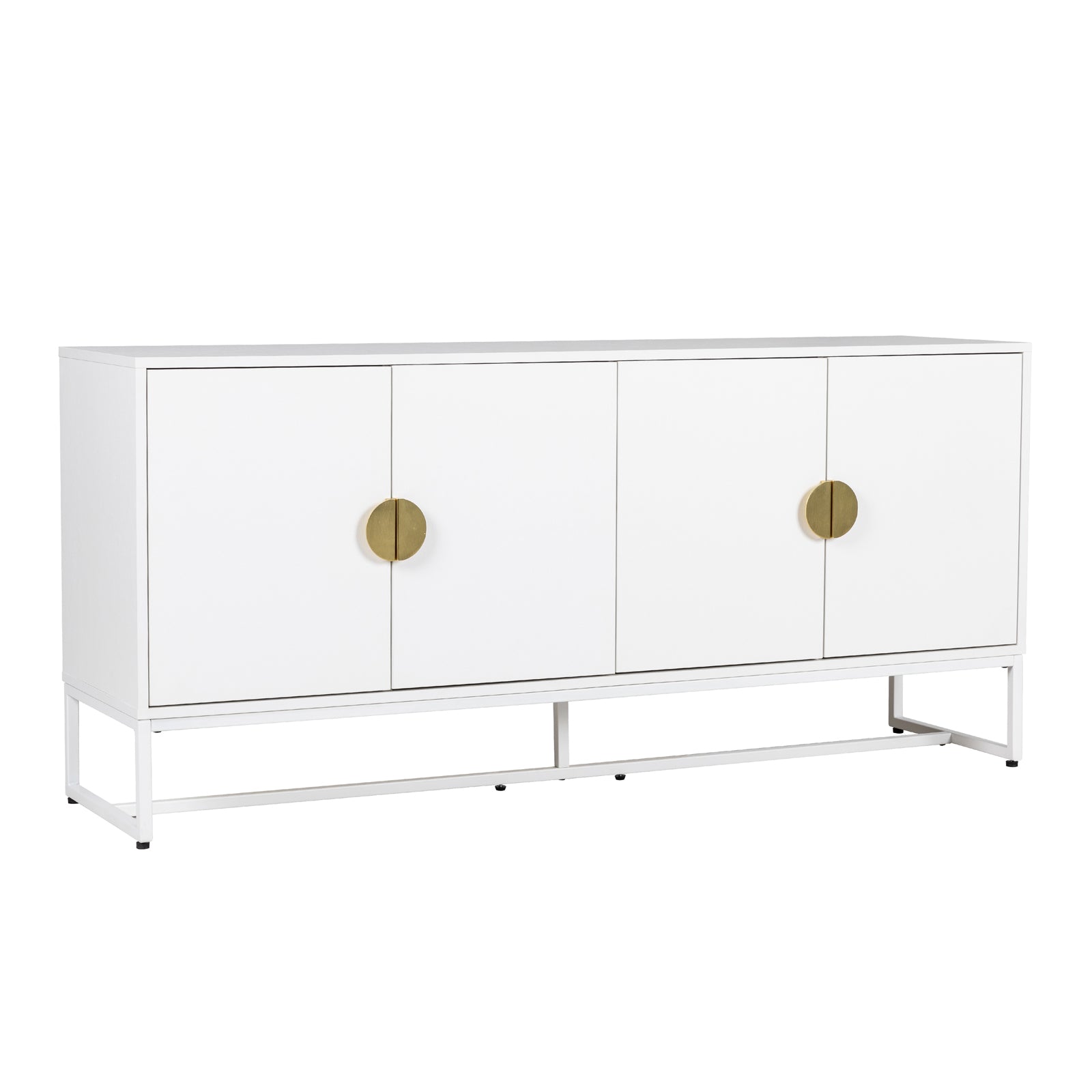 Erick 160cm 4-Door Storage Sideboard Buffet in White features a sleek, modern design with matte finish, brass-tone pulls, and white metal frame, perfect for contemporary interiors.