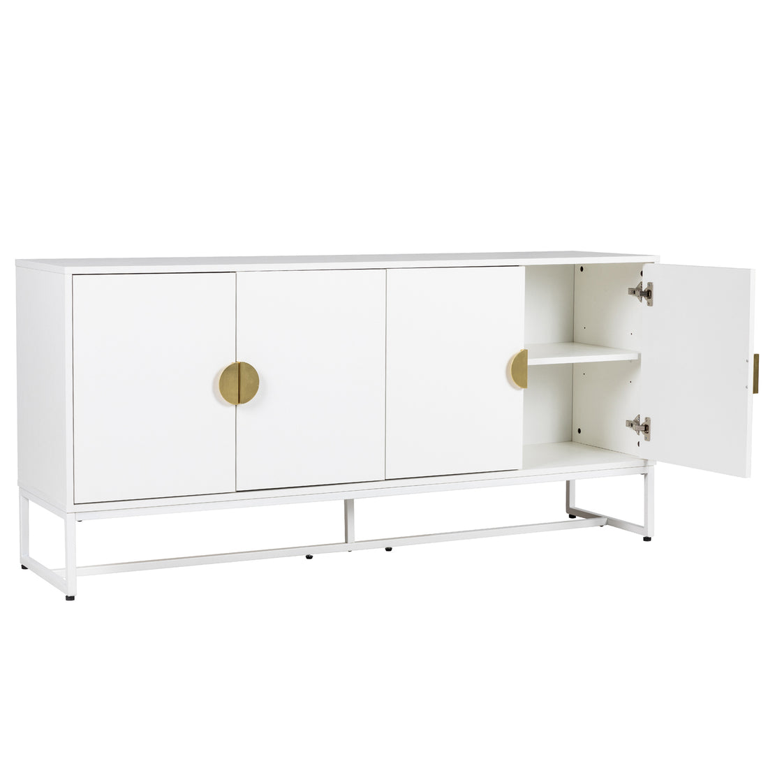 Erick 160cm 4-Door Storage Sideboard Buffet in White features a modern design with three front doors, one open showing an adjustable shelf, and round brass-finish pulls on a slim metal base.