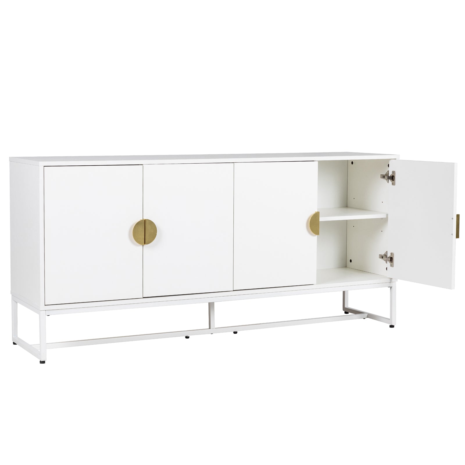 Erick 160cm 4-Door Storage Sideboard Buffet in White features a modern design with three front doors, one open showing an adjustable shelf, and round brass-finish pulls on a slim metal base.