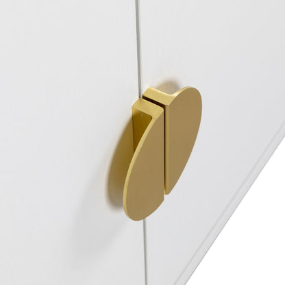 Close-up of Erick 160cm 4-Door Storage Sideboard Buffet in White, highlighting gold-tone heart-shaped cabinet pulls on its white doors, showcasing the unit's elegant and minimalist design.