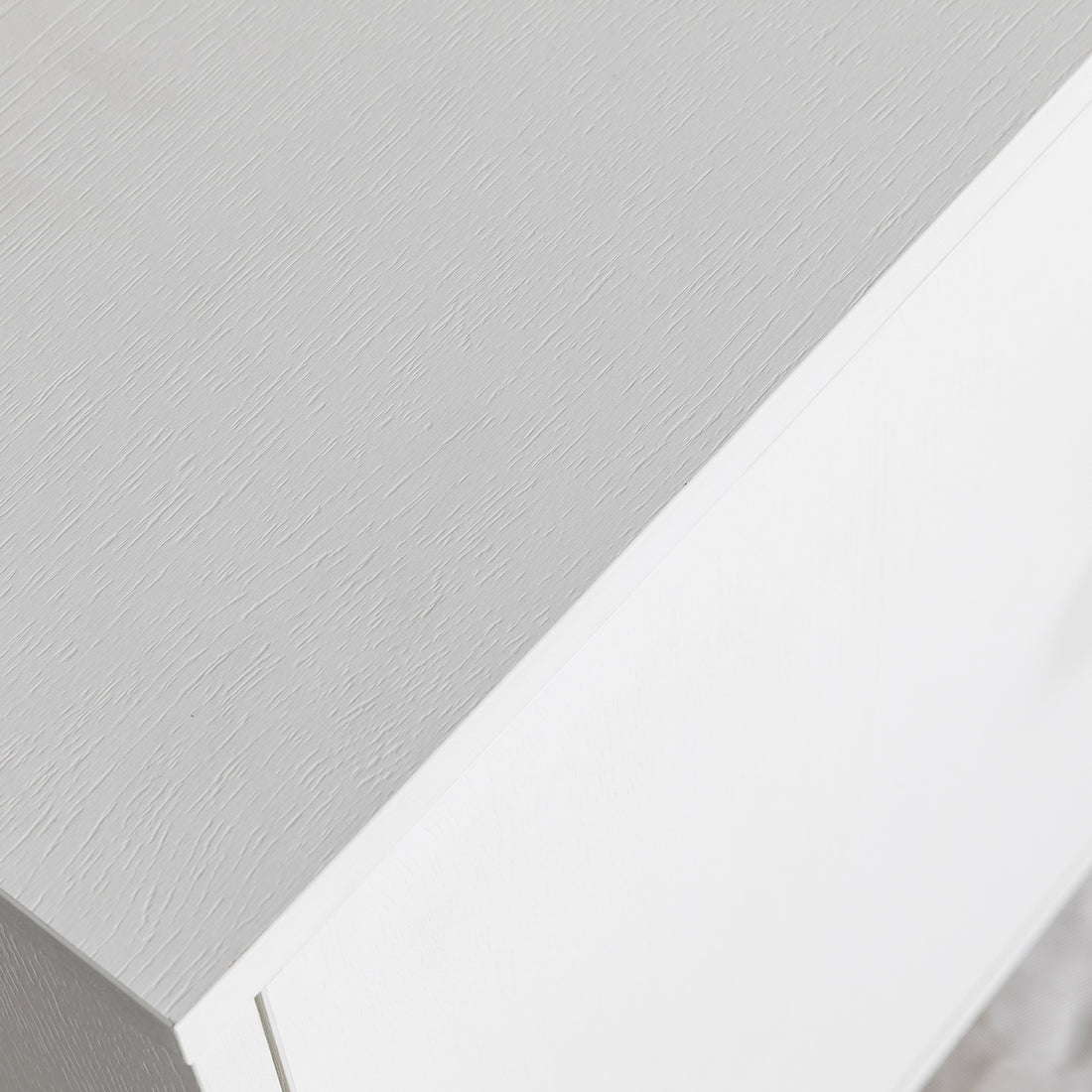 Erick 160cm 4-Door Storage Sideboard Buffet in White showcases a light-gray wood-grain top and smooth white front, highlighting its minimalist design and sturdy construction for modern interiors.