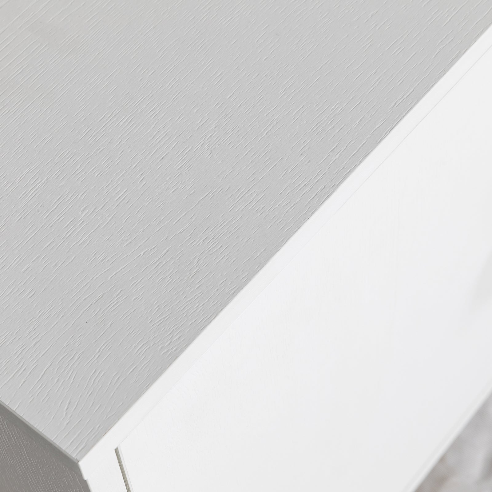 Erick 160cm 4-Door Storage Sideboard Buffet in White showcases a light-gray wood-grain top and smooth white front, highlighting its minimalist design and sturdy construction for modern interiors.