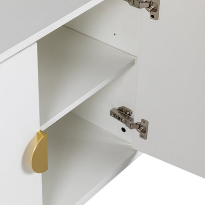 Erick 160cm 4-Door Storage Sideboard Buffet in White, featuring an open door revealing two empty shelves, exposed metal hinges, and a curved gold handle on a small white cabinet.
