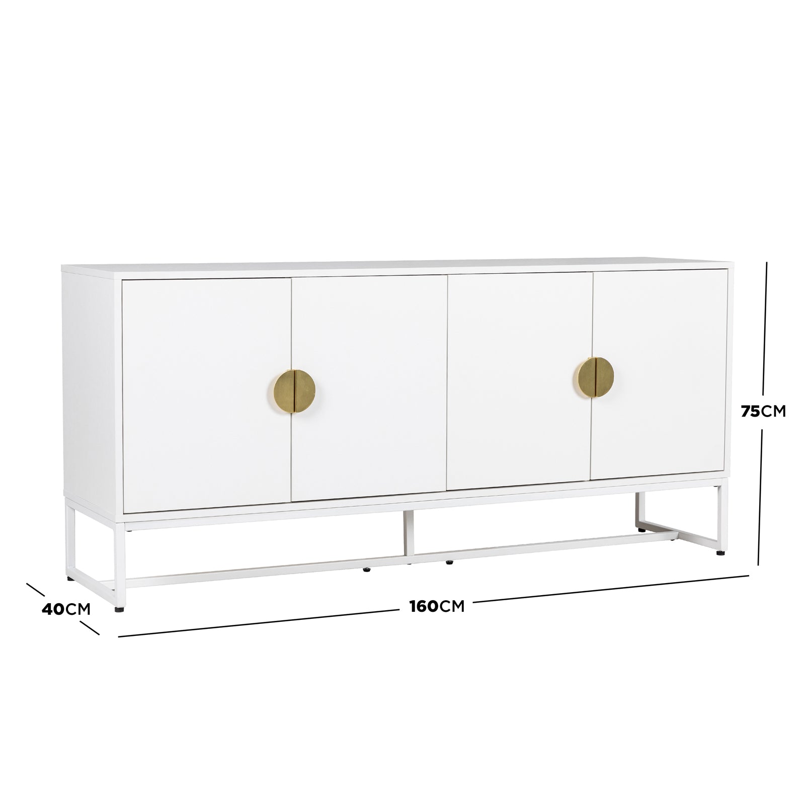 Erick 160cm 4-Door Storage Sideboard Buffet in White features a sleek design with a slim metal base, circular brass pulls, and spacious storage behind push-to-open doors, perfect for modern interiors.