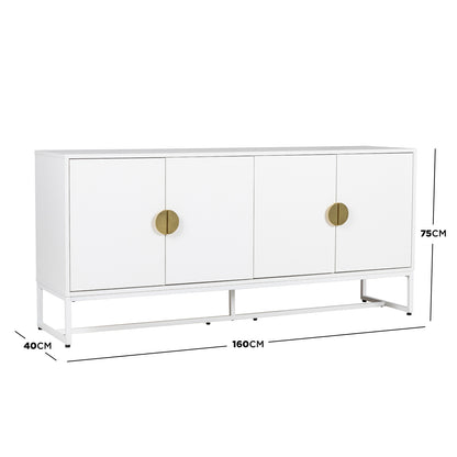 Erick 160cm 4-Door Storage Sideboard Buffet in White features a sleek design with a slim metal base, circular brass pulls, and spacious storage behind push-to-open doors, perfect for modern interiors.