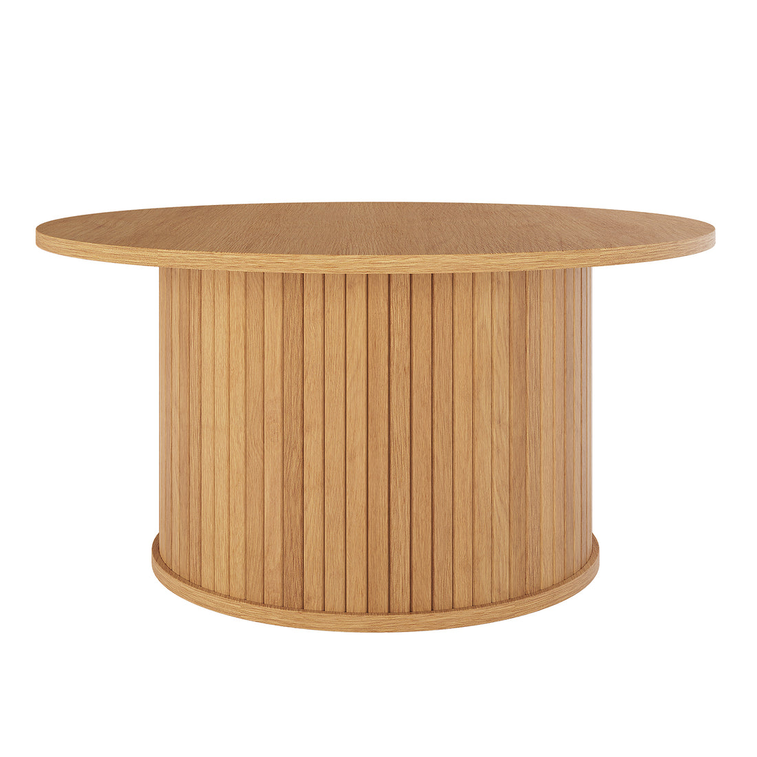 Esmund 90cm Round Coffee Table in Natural featuring a circular top and cylindrical, fluted-slat base, crafted from light wood, offering a minimalist, elegant design against a plain backdrop.