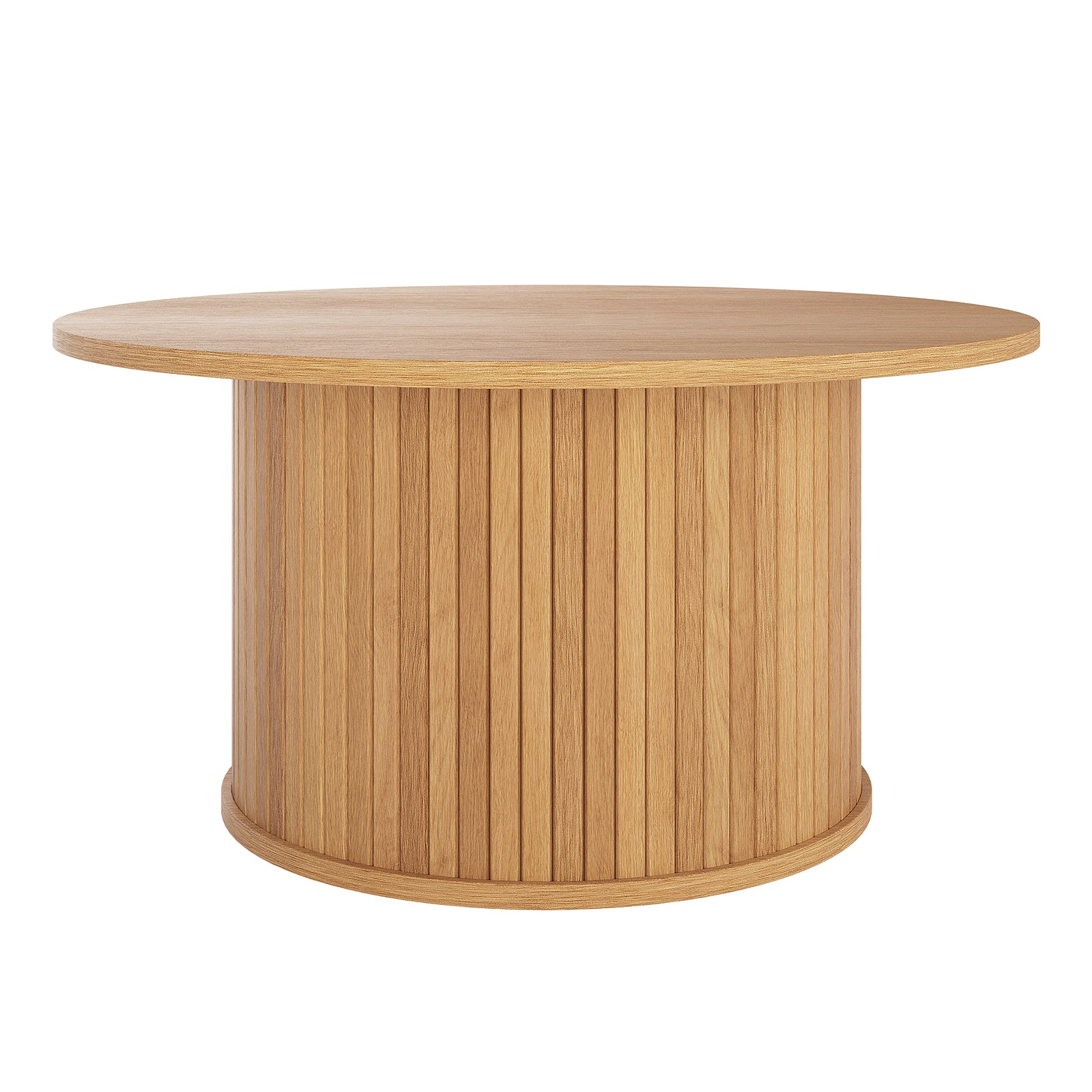 Esmund 90cm Round Coffee Table in Natural, featuring a circular tabletop and fluted, drum-shaped pedestal base with vertical wood slats, crafted from light-colored wood against a white backdrop.