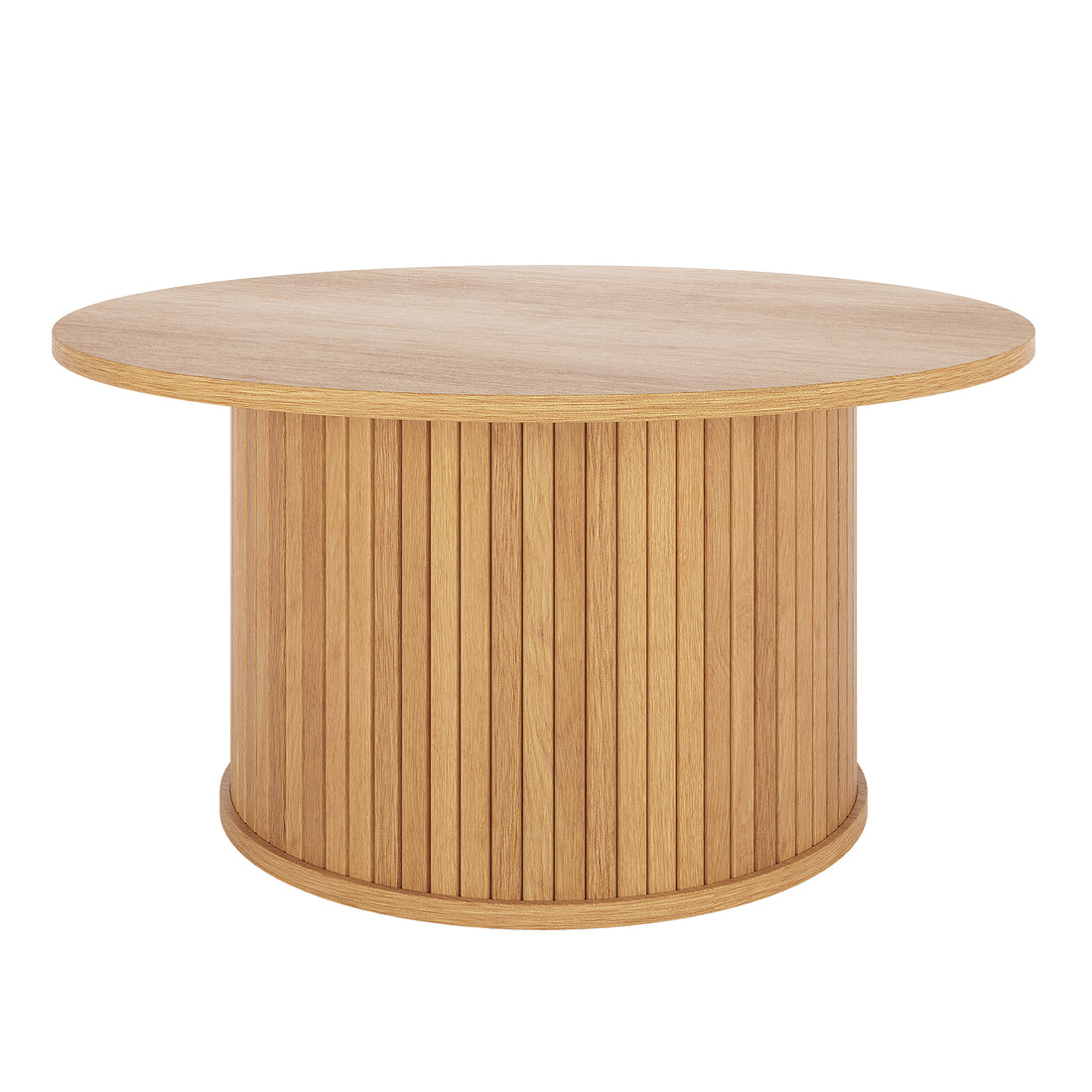 Esmund 90cm Round Coffee Table in Natural with a smooth circular top and a cylindrical base of vertical slats, showcasing a minimalist and stylish design ideal for contemporary interiors.