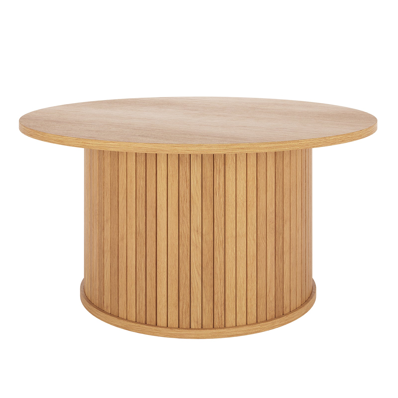 Esmund 90cm Round Coffee Table in Natural with a smooth circular top and a cylindrical base of vertical slats, showcasing a minimalist and stylish design ideal for contemporary interiors.