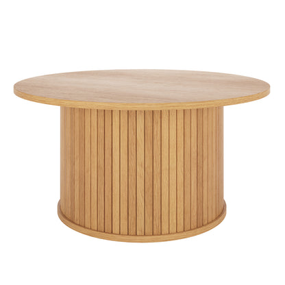 Esmund 90cm Round Coffee Table in Natural with a smooth circular top and a cylindrical base of vertical slats, showcasing a minimalist and stylish design ideal for contemporary interiors.