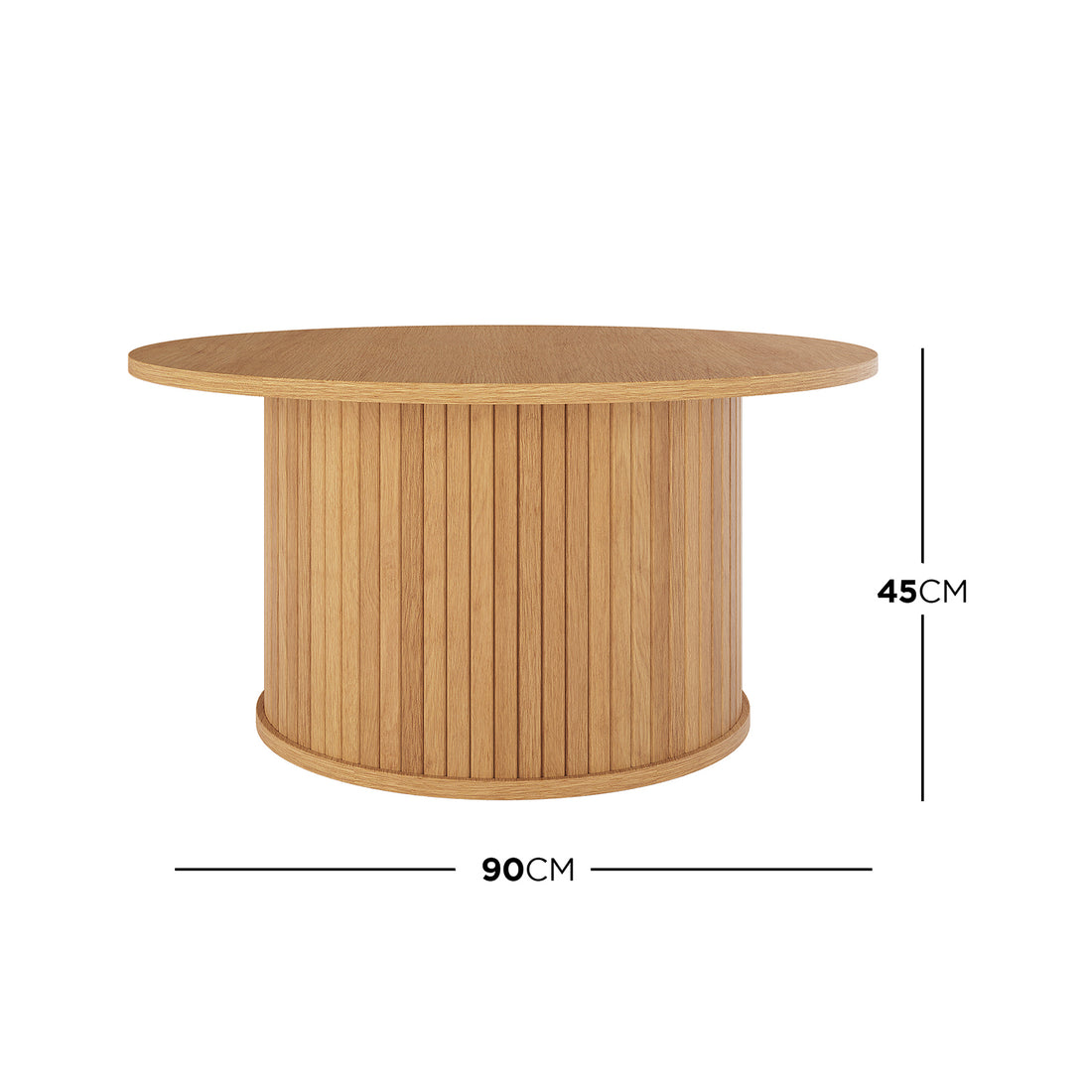 Esmund 90cm Round Coffee Table in Natural features a smooth, circular tabletop and cylindrical base with vertical slats, showcasing a light wood finish, measuring 45 cm in height.