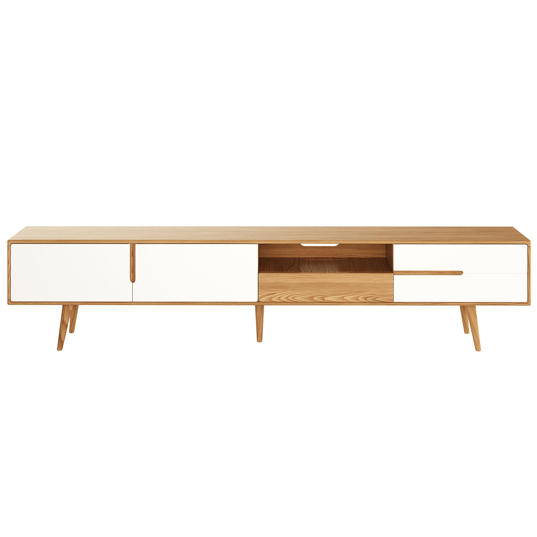 Estella 200cm American Oak Entertainment Unit in Natural featuring a long wooden cabinet with tapered legs, two white-fronted doors, central open shelf, and two white-fronted drawers for versatile storage.