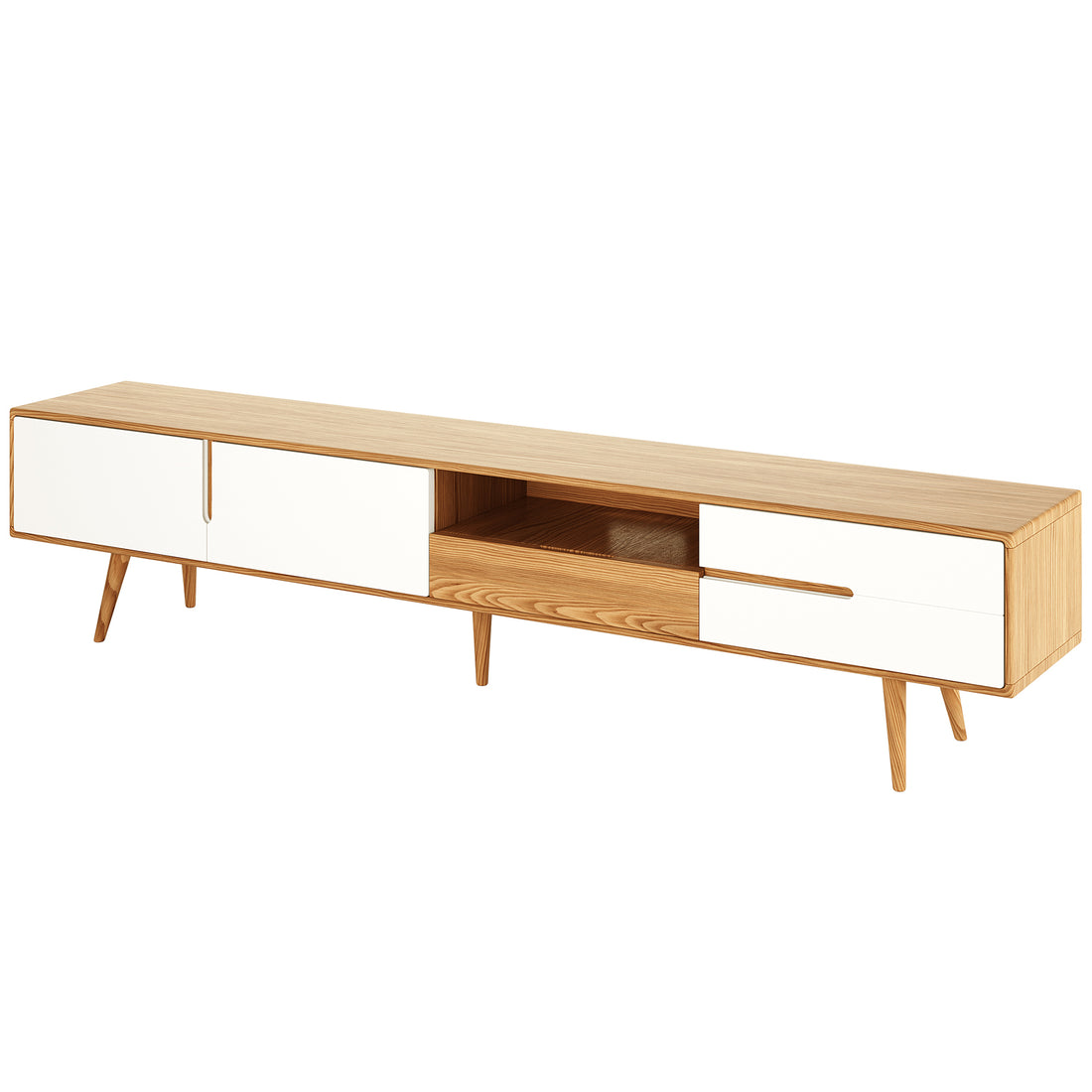 Estella 200cm American Oak Entertainment Unit in Natural features a mid-century design with white-fronted cabinet doors, drawers, an open cubby, and tapered legs, showcasing elegance and practical storage.