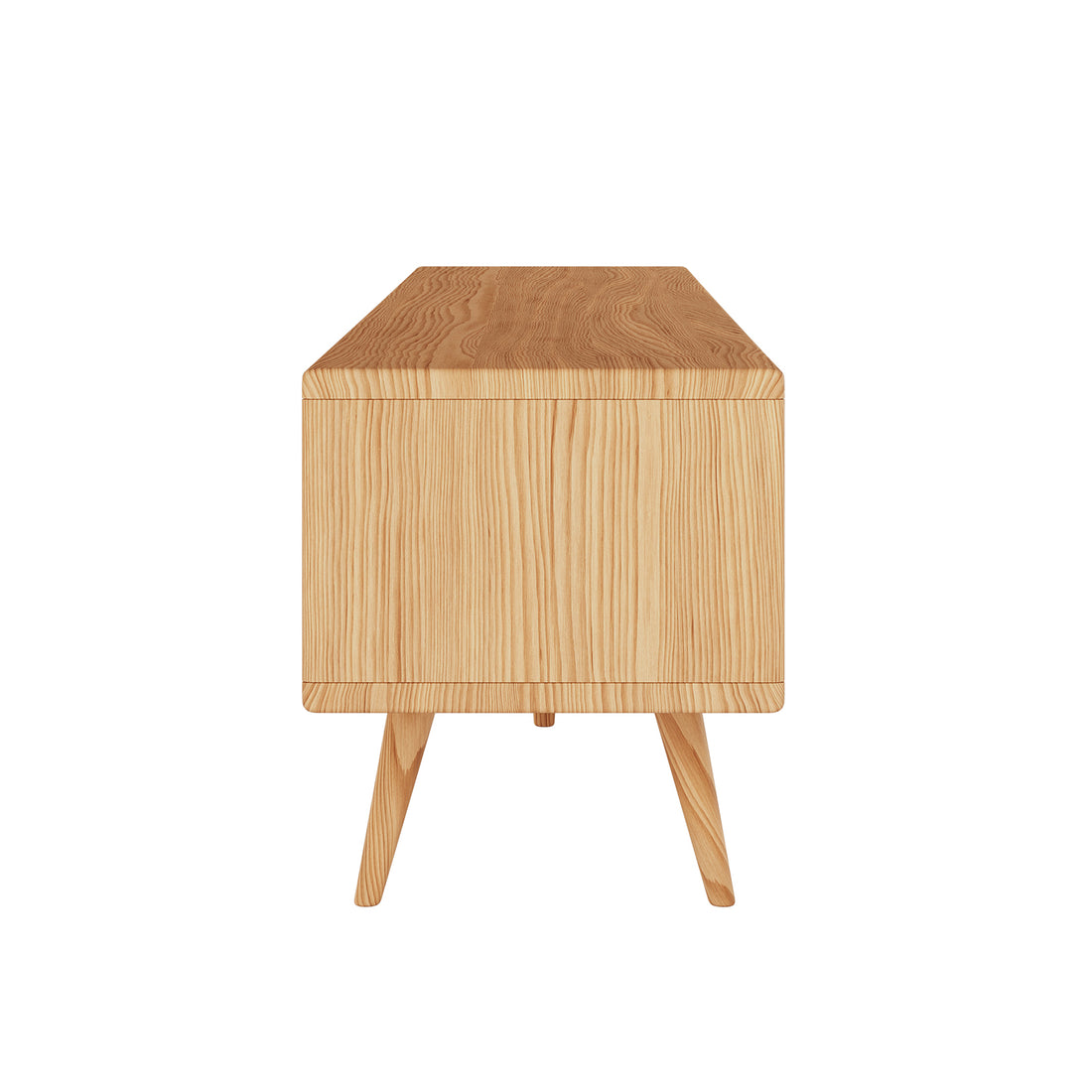 Estella 200cm American Oak Entertainment Unit in Natural: A mid-century-inspired wooden console with visible grain, featuring open and closed compartments on splayed legs, ideal for TV stands or entryway storage.