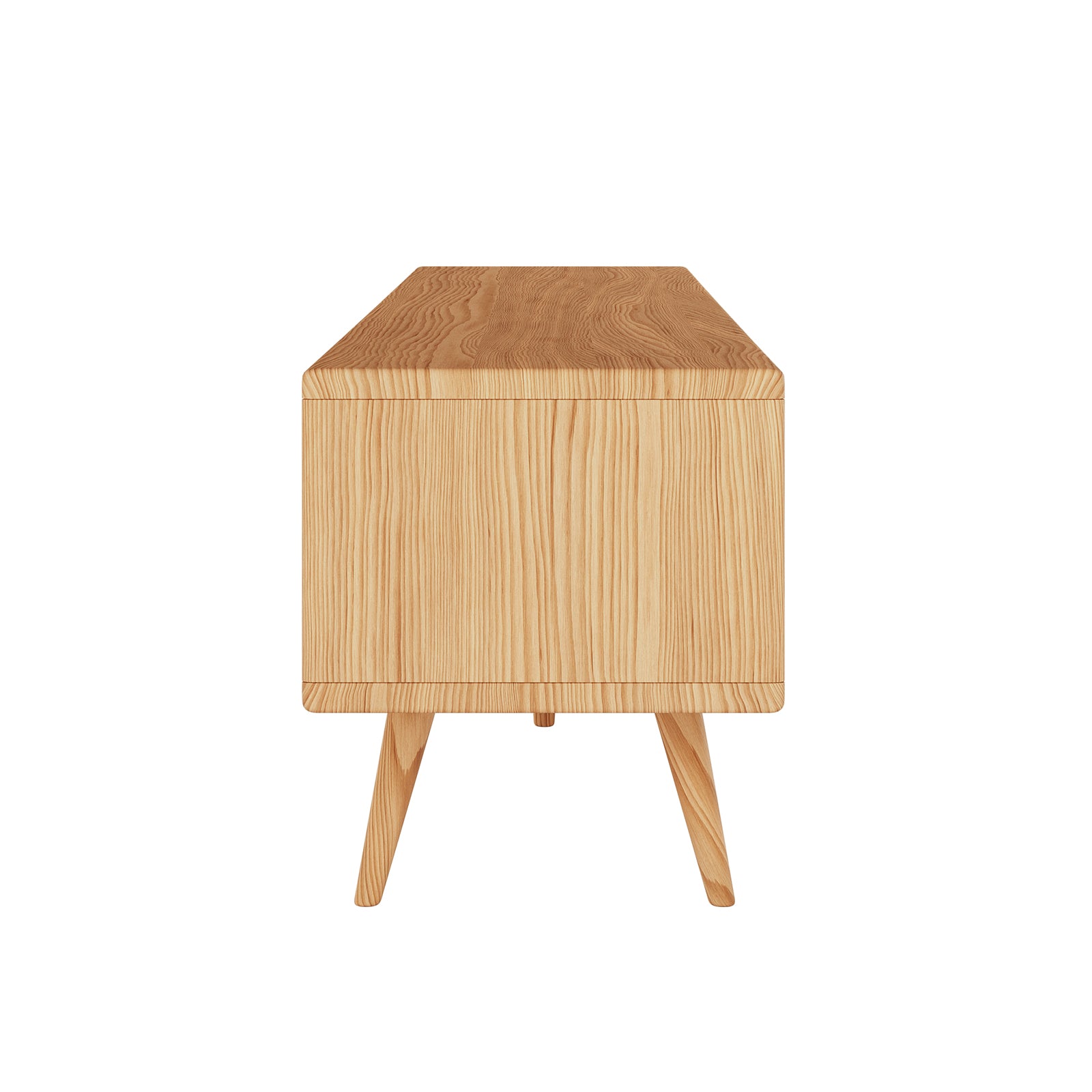 Estella 200cm American Oak Entertainment Unit in Natural: A mid-century-inspired wooden console with visible grain, featuring open and closed compartments on splayed legs, ideal for TV stands or entryway storage.