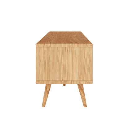 Estella 200cm American Oak Entertainment Unit in Natural: A mid-century-inspired wooden console with visible grain, featuring open and closed compartments on splayed legs, ideal for TV stands or entryway storage.