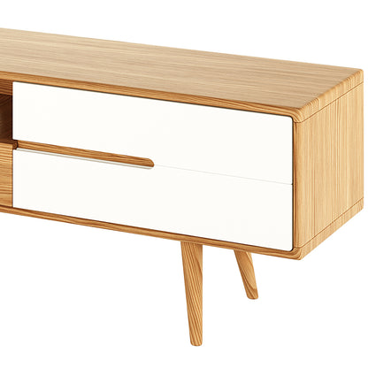 Estella 200cm American Oak Entertainment Unit in Natural, featuring light-toned wood, tapered legs, two horizontal white-front drawers with recessed grooves, ideal as a TV stand or entry console.