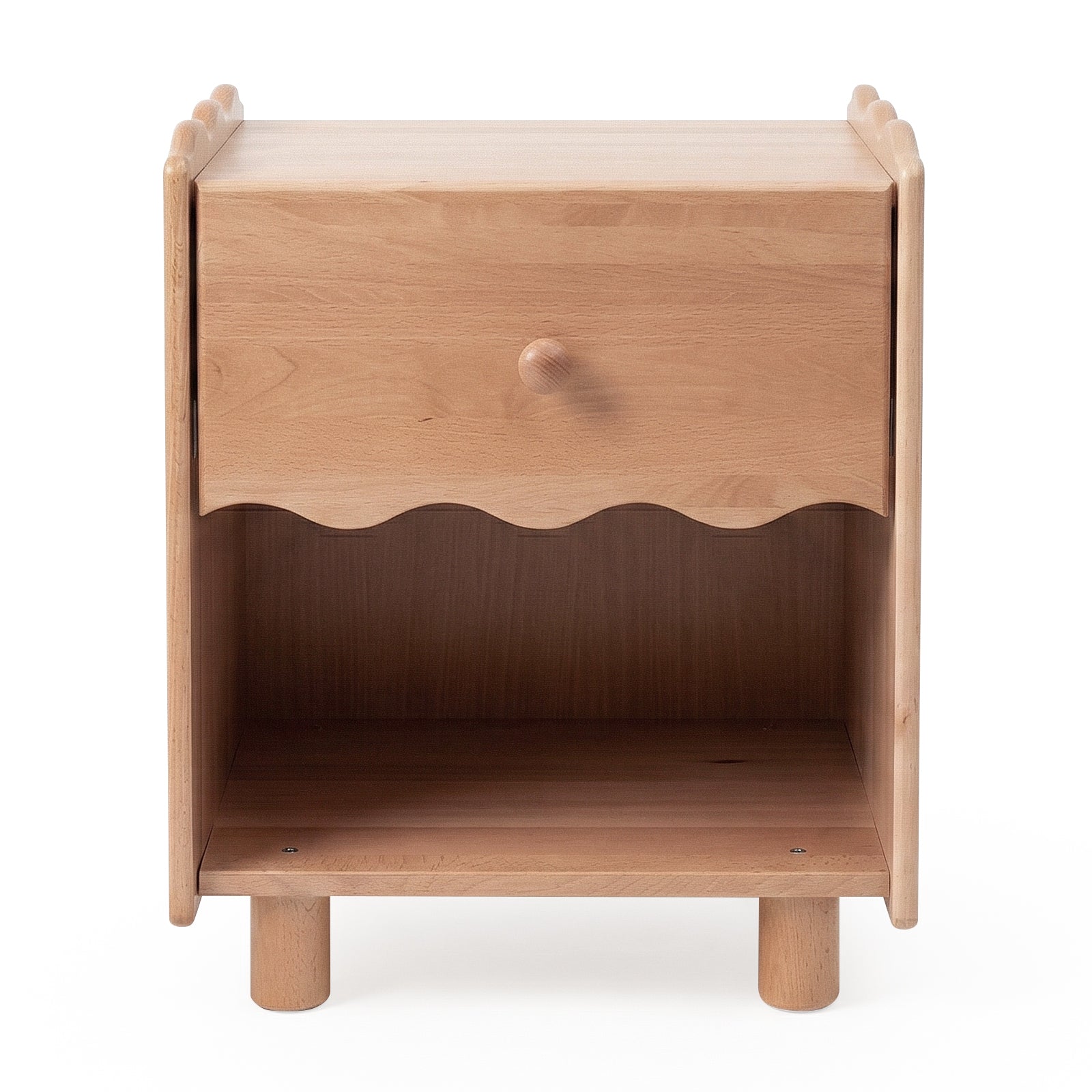 Natural wood nightstand with drawer and open shelf on a white background
