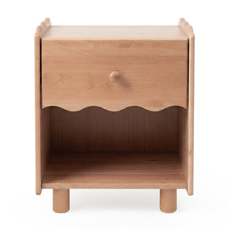 Natural wood nightstand with drawer and open shelf on a white background