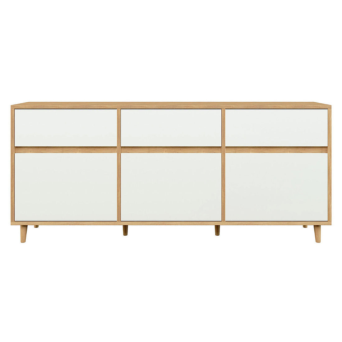 Ezra 6 Drawer Buffet Unit Natural/White features a sleek design with a white matte finish and wood accents. It includes three top drawers and three larger bottom drawers, ideal for versatile storage.