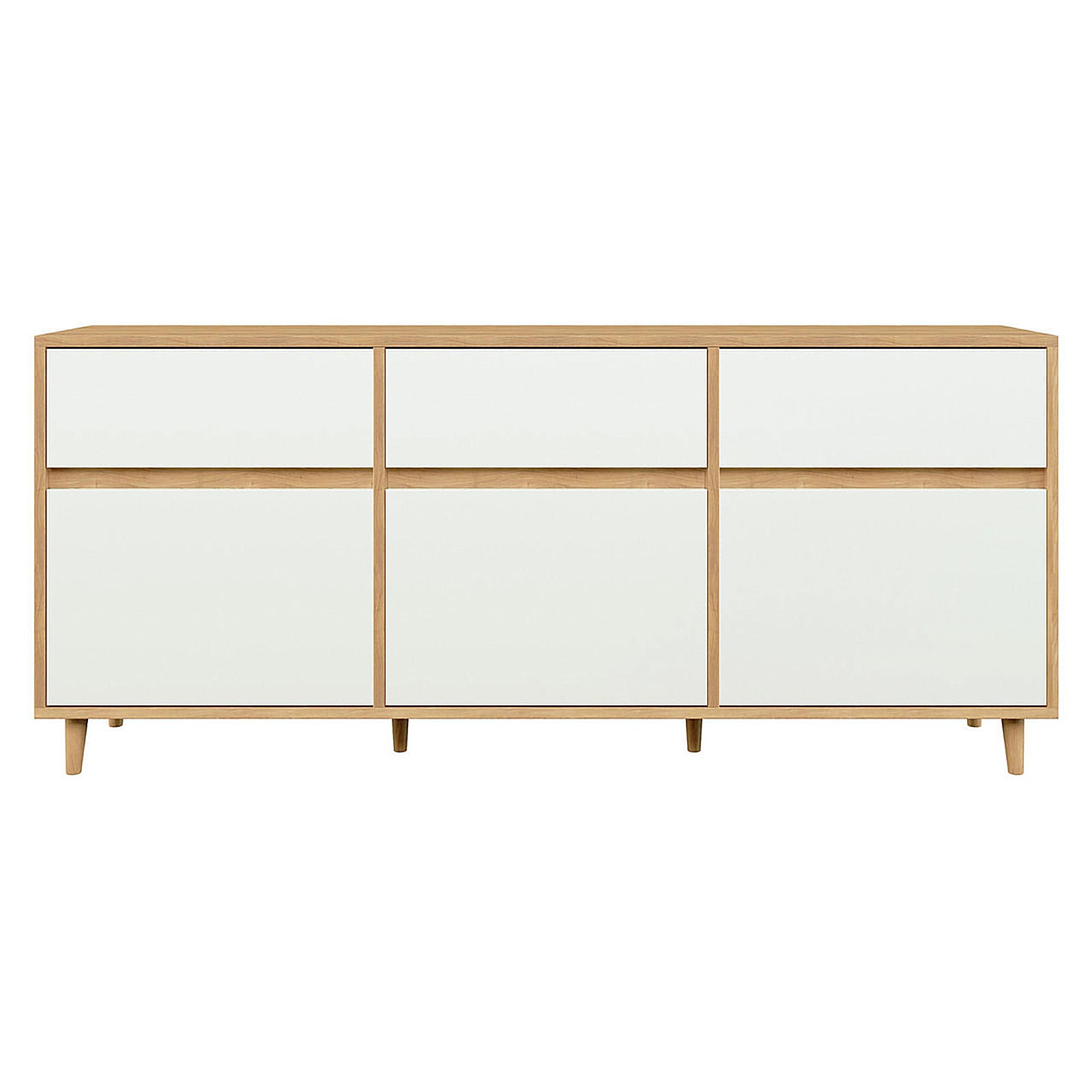 Ezra 6 Drawer Buffet Unit Natural/White features a sleek design with a white matte finish and wood accents. It includes three top drawers and three larger bottom drawers, ideal for versatile storage.