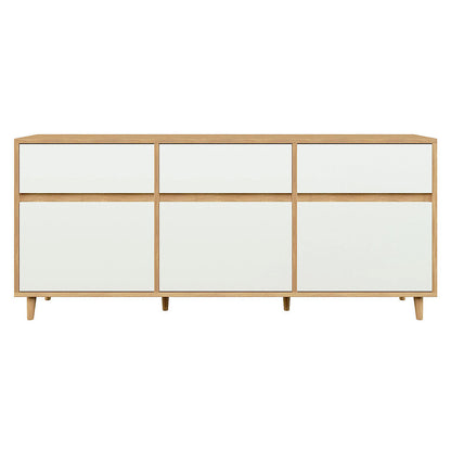 Ezra 6 Drawer Buffet Unit Natural/White features a sleek design with a white matte finish and wood accents. It includes three top drawers and three larger bottom drawers, ideal for versatile storage.